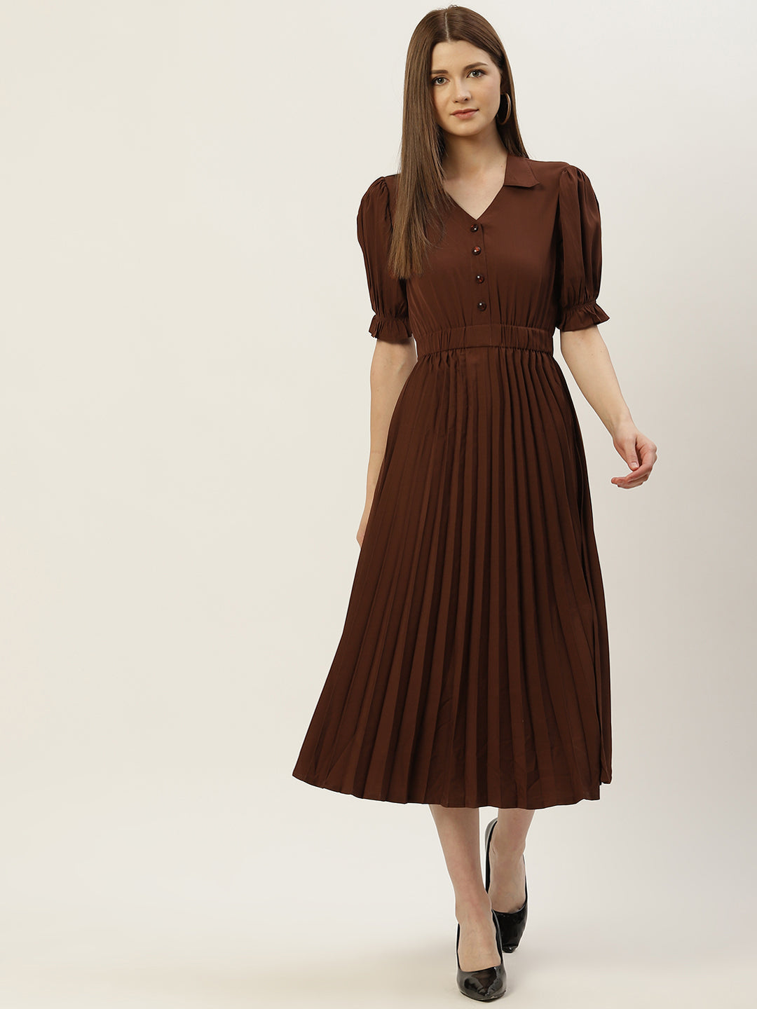 Women Olive Crepe Midi Dress