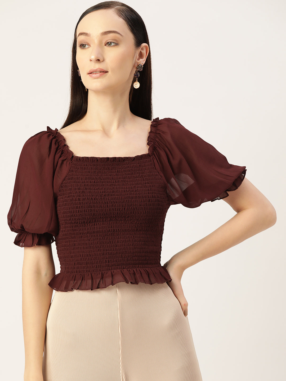 Maroon Smocked Georgette Crop Top