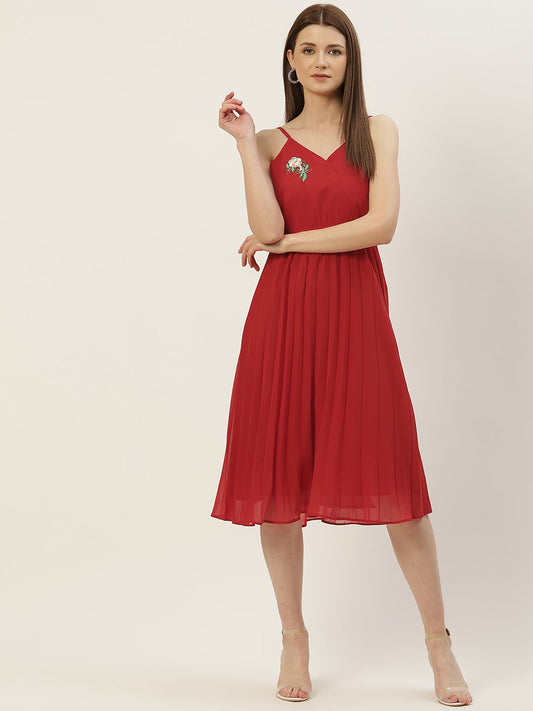 Women Red Georgette A-Line Midi Dress