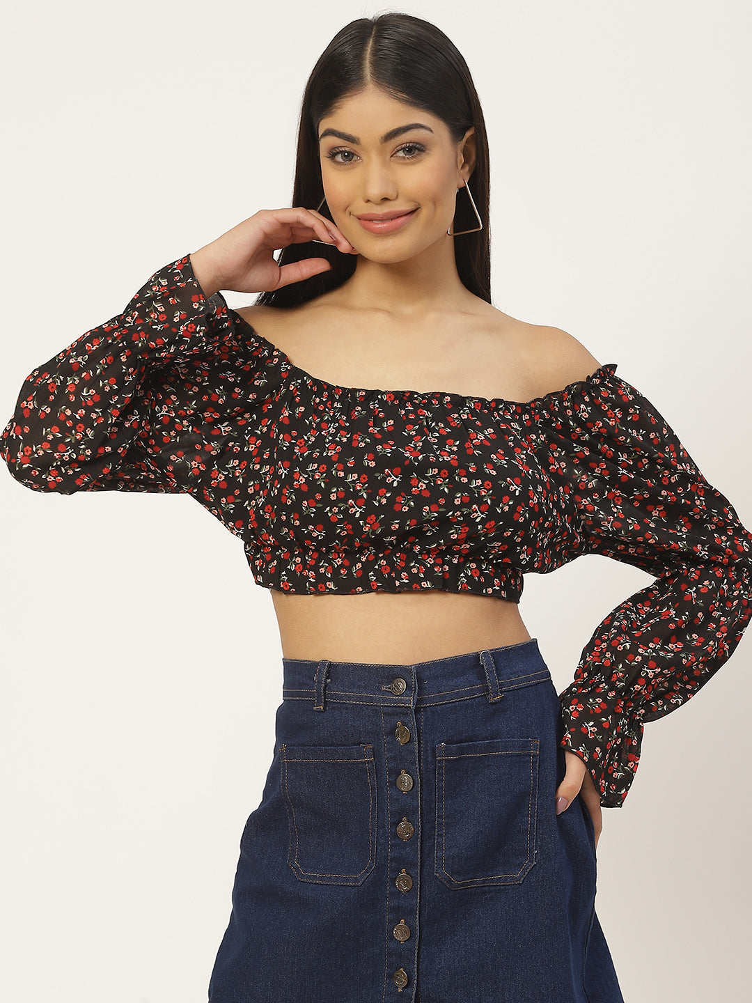 Floral Print Off-Shoulder Georgette Blouson Crop Top