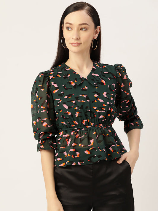 Print Georgette Collar Top