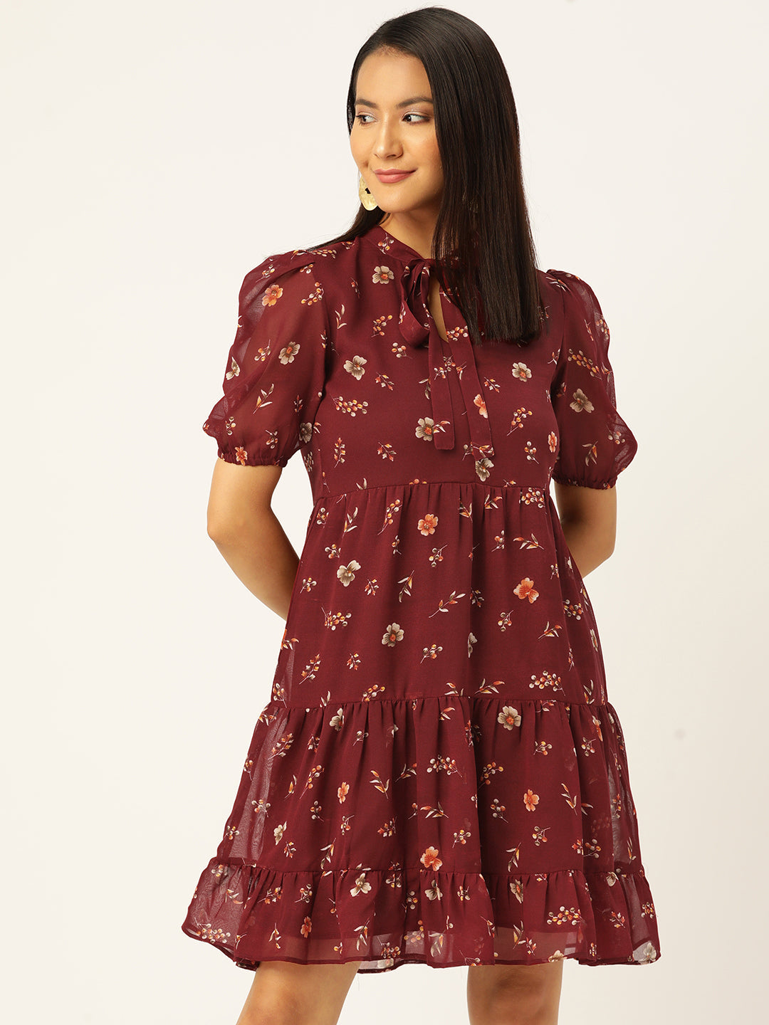 Floral Print Puff Sleeves Tie-Up Neck Georgette A-Line Dress