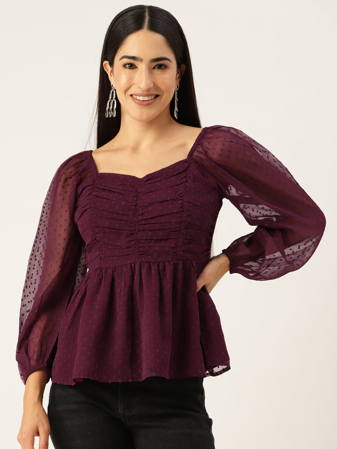 Purple Sweetheart Neck Georgette Peplum Top