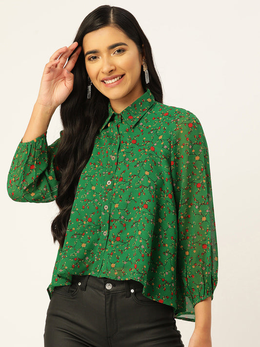 Women Floral Printed Puff Sleeves Semi Sheer Shirt