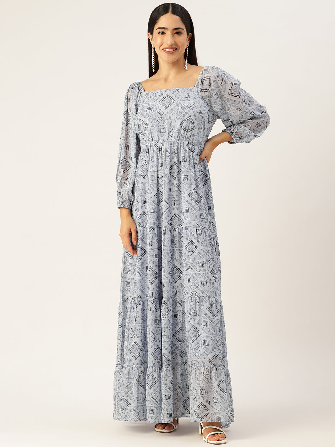 Blue Geometric Printed Puff Sleeves Georgette A-Line Maxi Dress