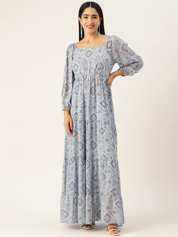 Blue Geometric Printed Puff Sleeves Georgette A-Line Maxi Dress