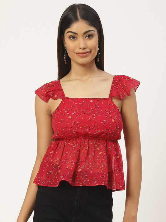 Maroon Floral Print Georgette Peplum Top