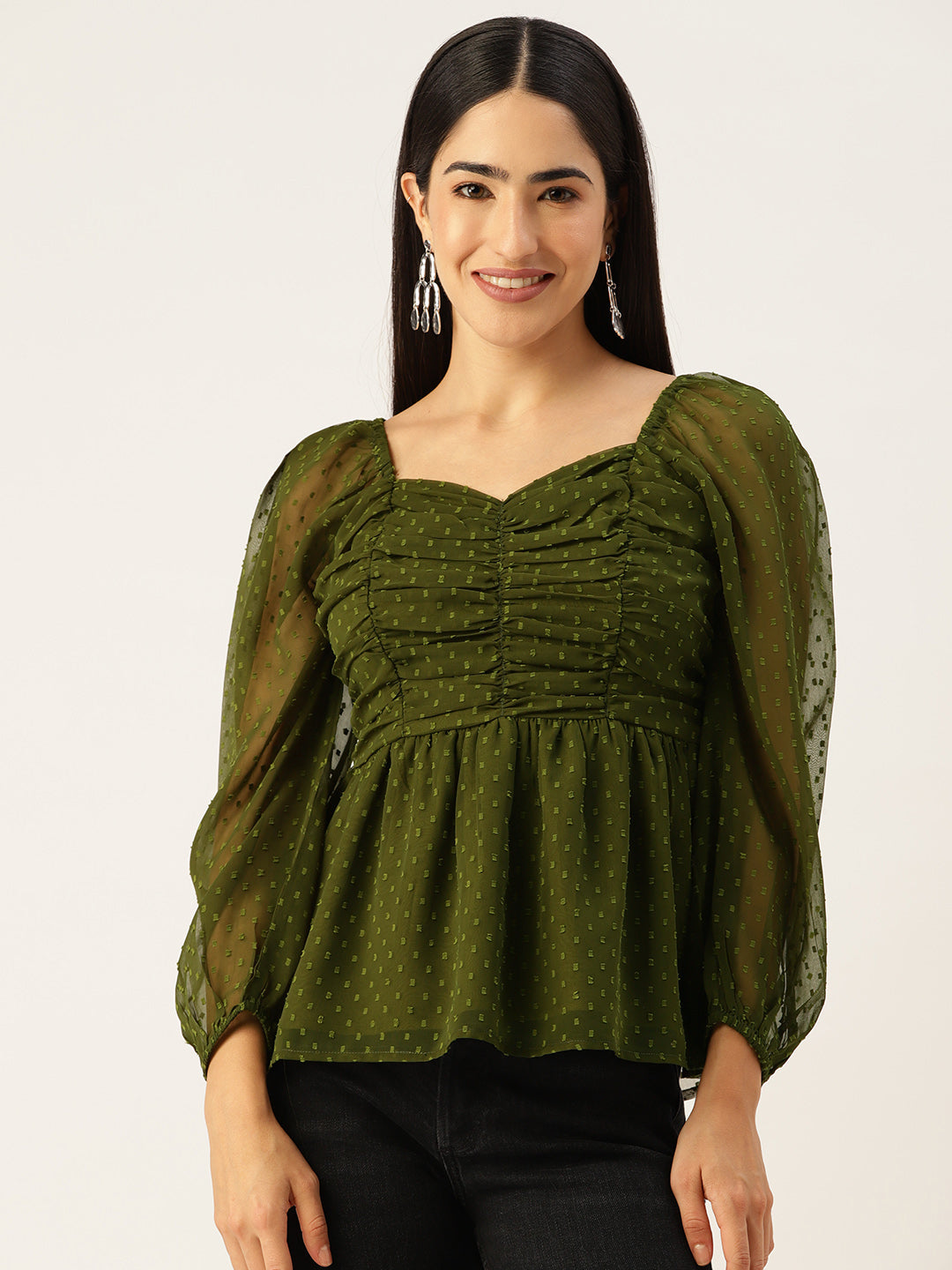 Olive Green Sweetheart Neck Georgette Peplum Top