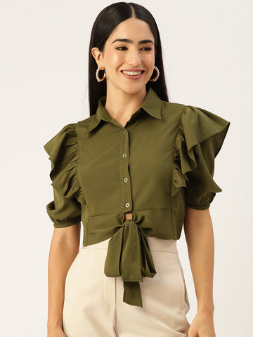 Olive Ruffles Crepe Crop Top