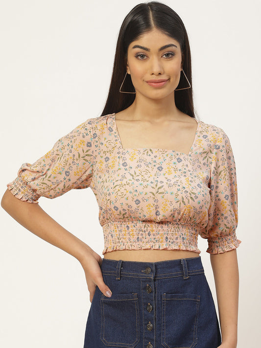 Peach Floral Print Smocked Georgette Blouson Top