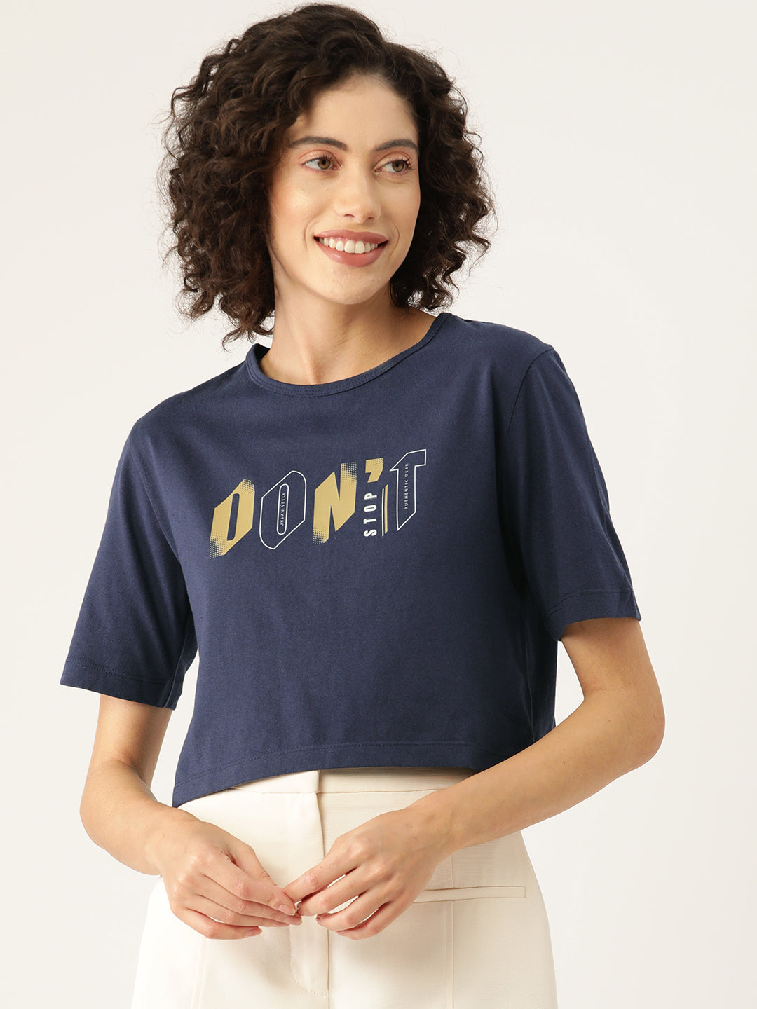 Slenor Women ' s Navy Blue Typography Front & Back Printed Crop T-shirt