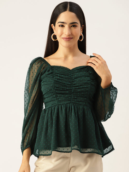 Dark Green Sweetheart Neck Georgette Peplum Top