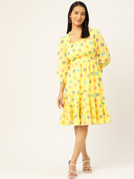 Floral Print Puff Sleeves Georgette Midi Dress