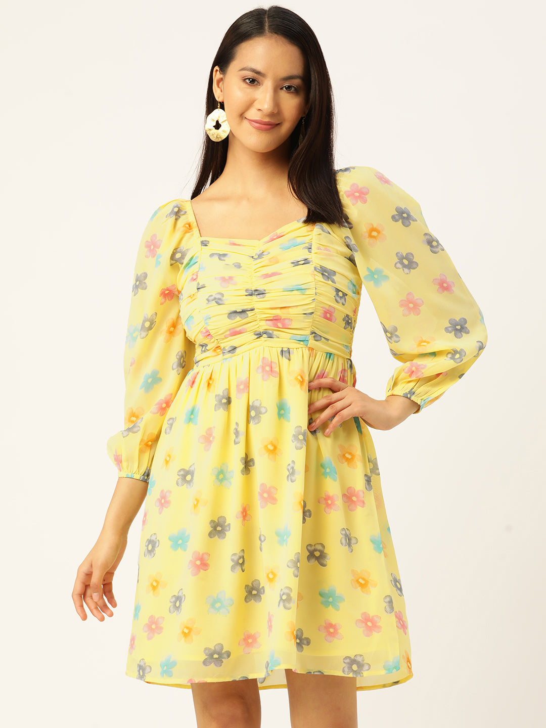 Floral Print Puff Sleeves Sweetheart Neck Georgette Dress