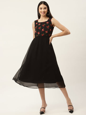 Black & Red Floral Georgette Midi Dress