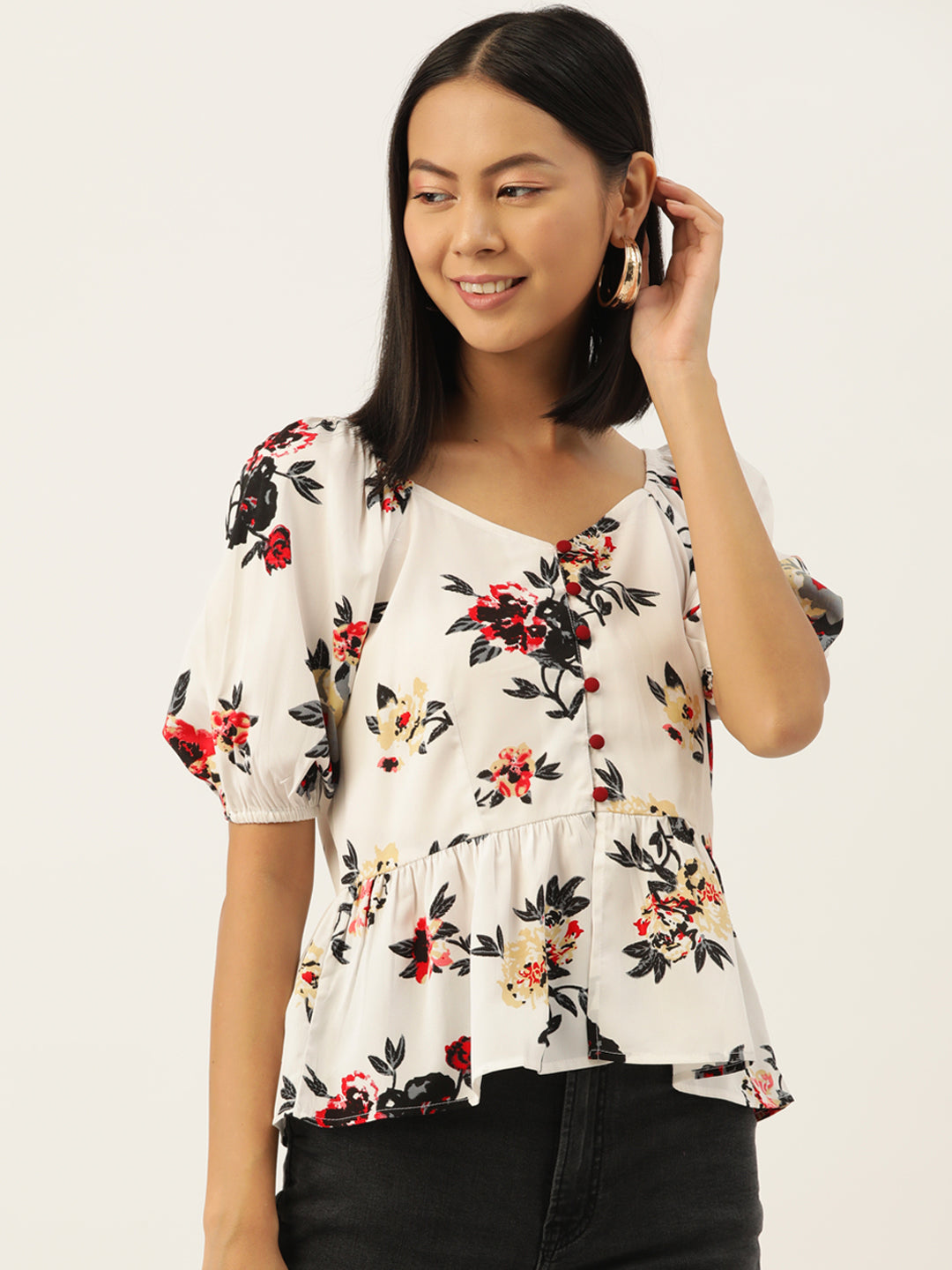 Slenor Floral Print Puff Sleeve Crepe Peplum Top