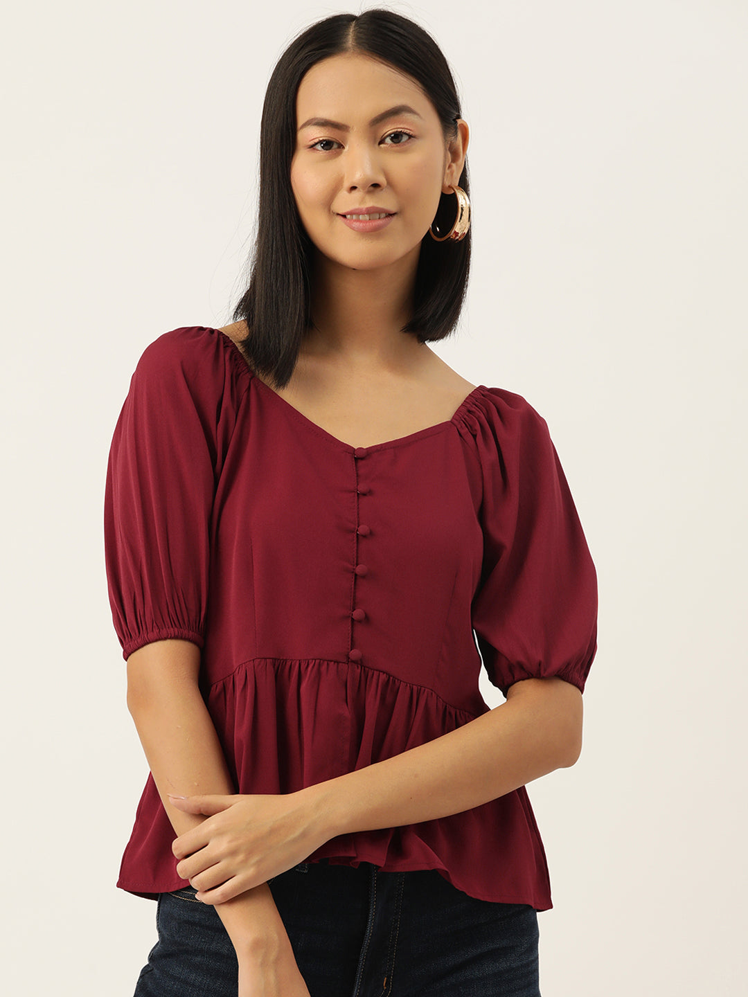 Maroon Solid Sweetheart Neck Puff Sleeve Crepe Peplum Top