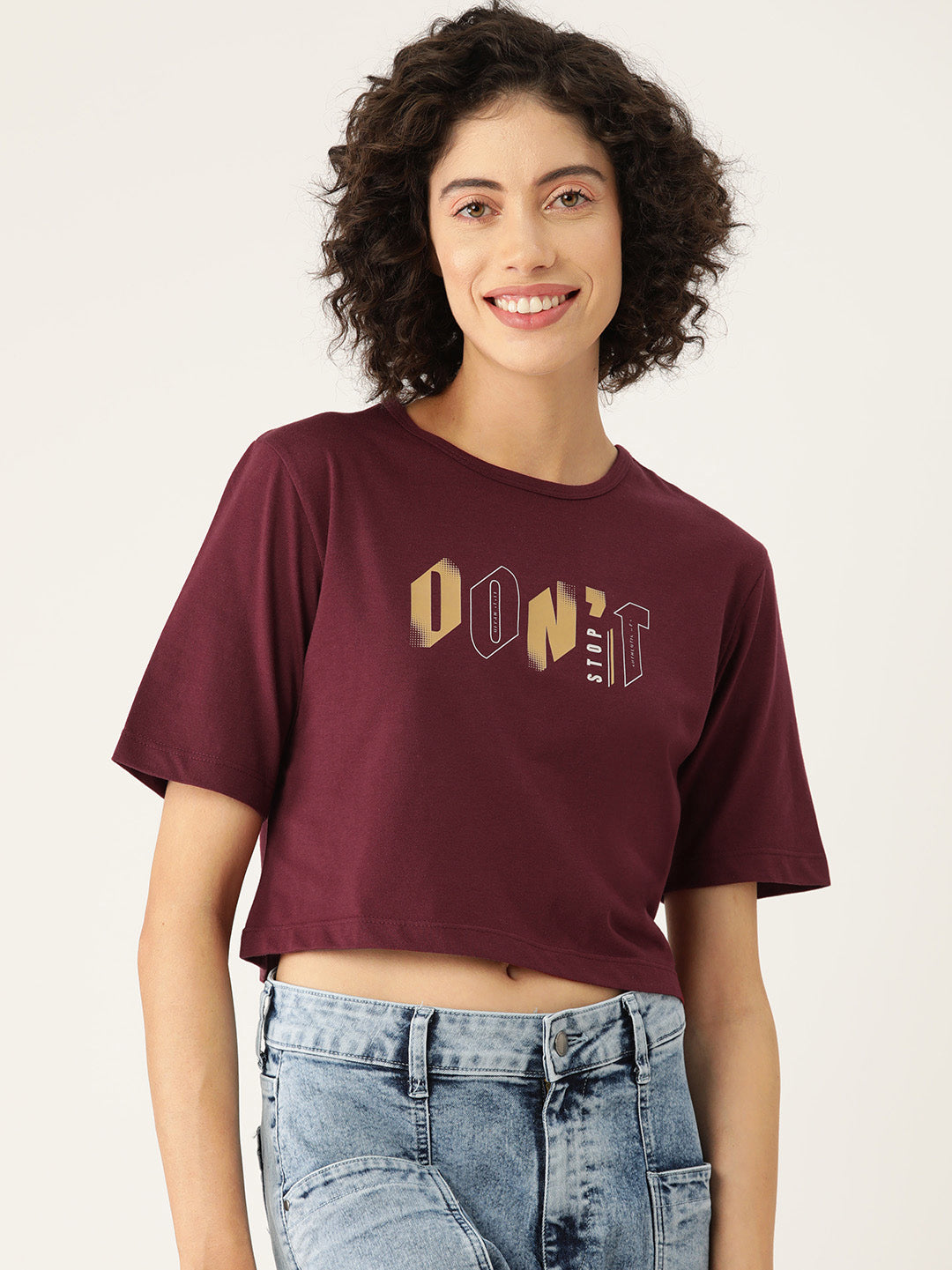 Slenor Women ' s Maroon Typography Front & Back Printed Crop T-shirt