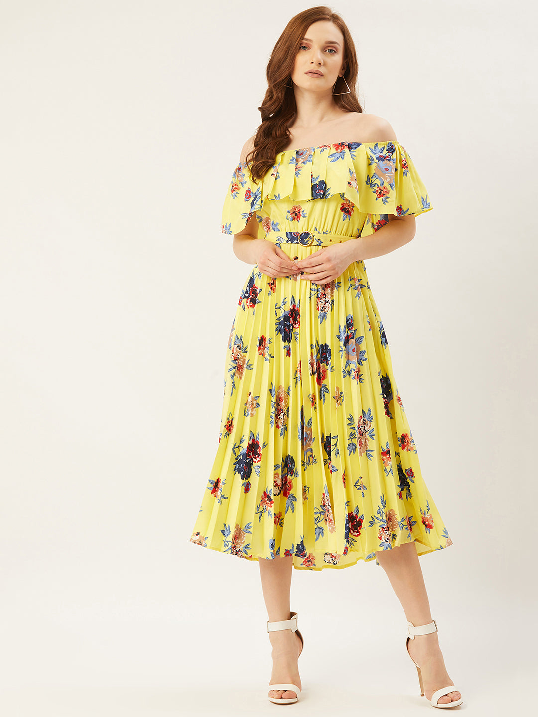 White & Multicoloured Floral Off-Shoulder Layered Crepe A-Line Midi Dress