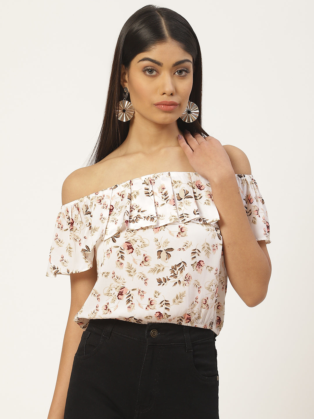 White Floral Print Off-Shoulder Ruffles Bardot Top