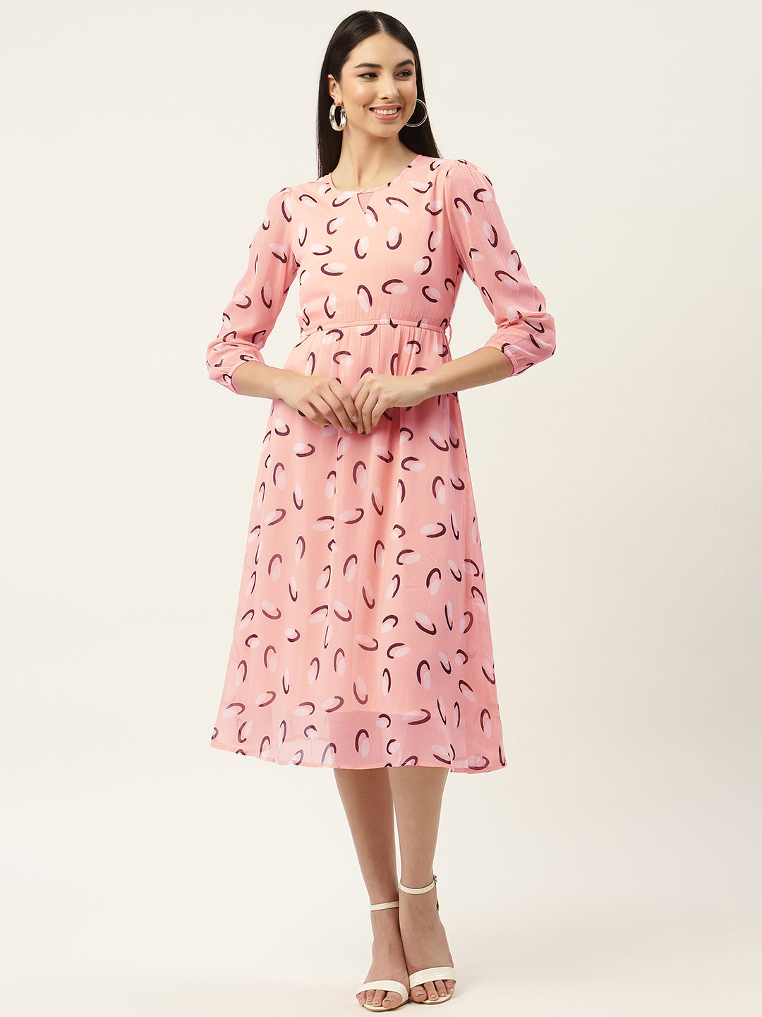 Peach-Coloured Keyhole Neck Chiffon Midi Dress