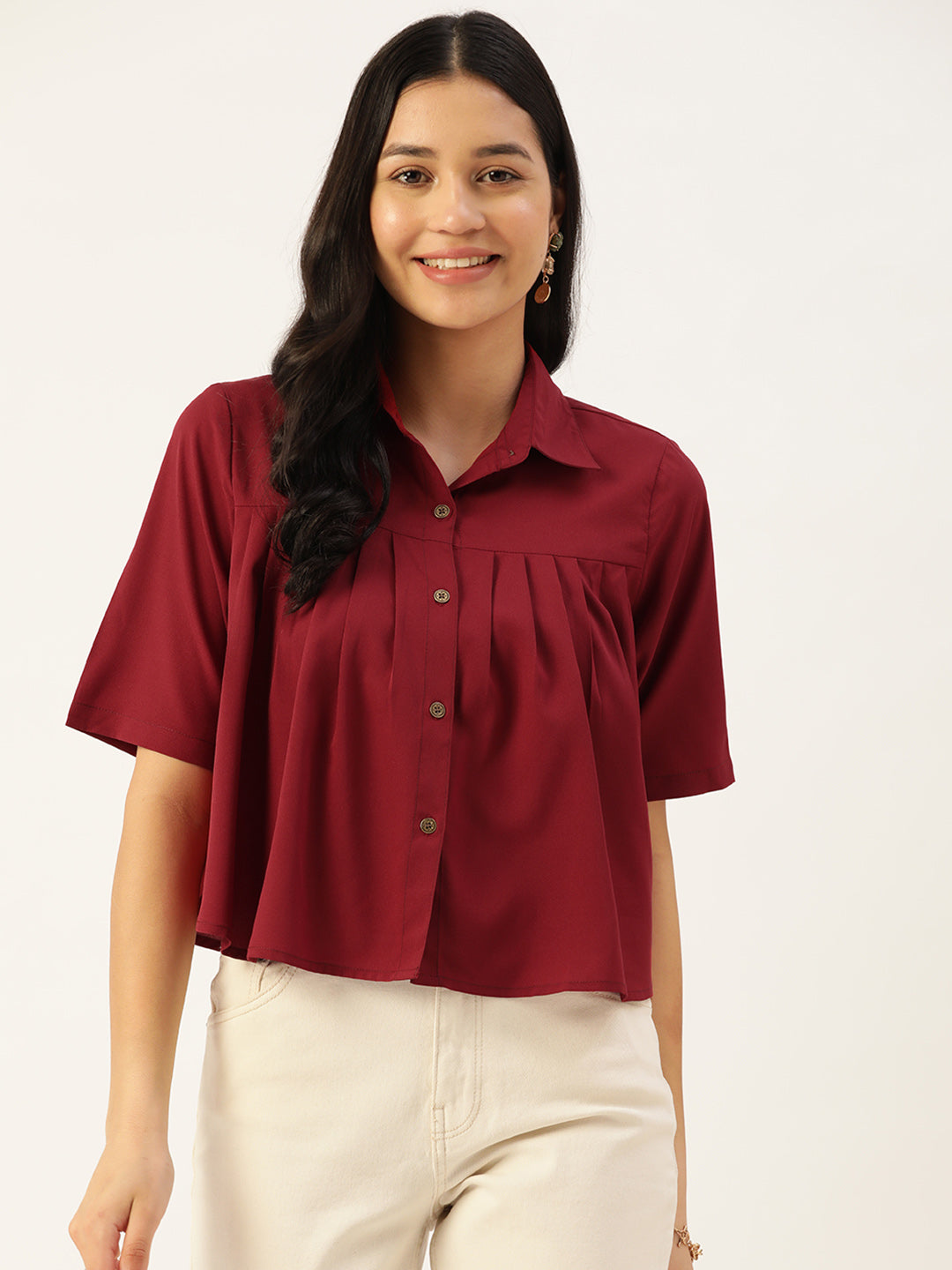 Women Solid Maroon Casual Shirt