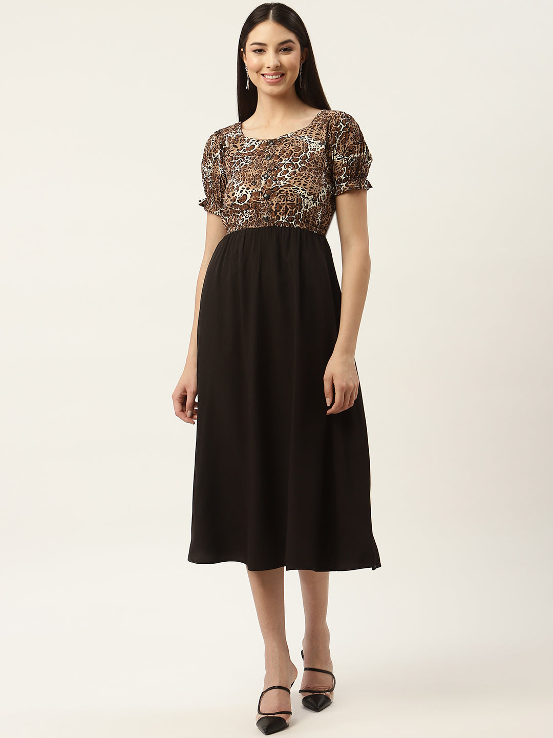 Black & Brown Animal Crepe A-Line Midi Dress