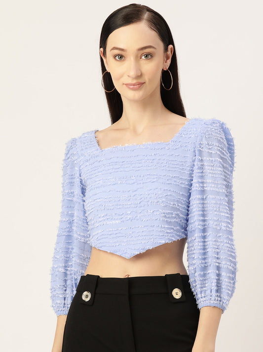 Blue Textured Georgette Crop Top