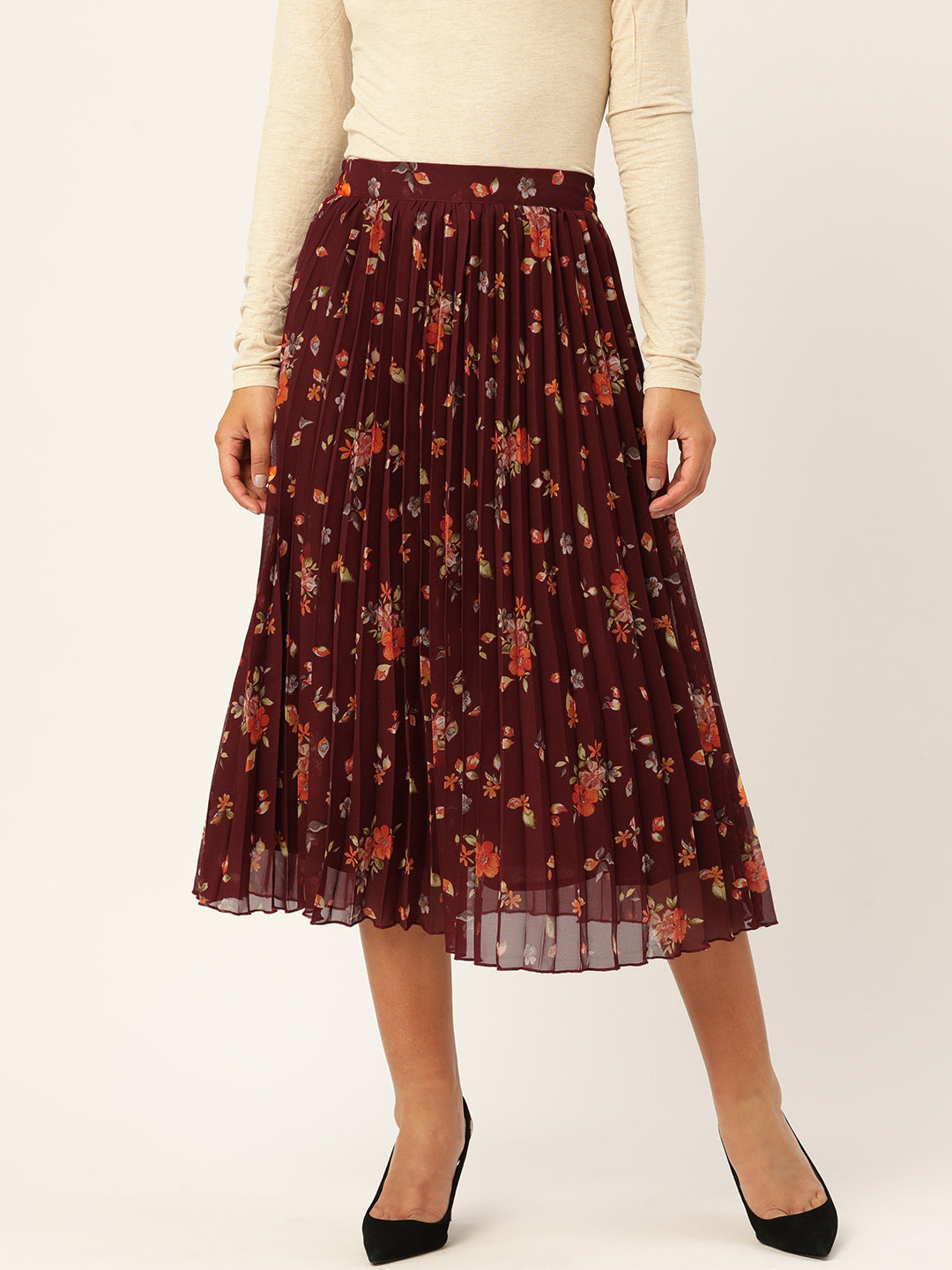 Maroon Floral Printed Accordion Pleated Midi Skirt