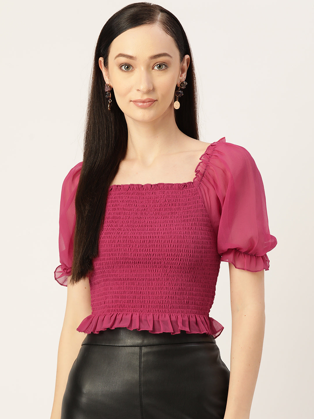 Pink Smocked Georgette Crop Top