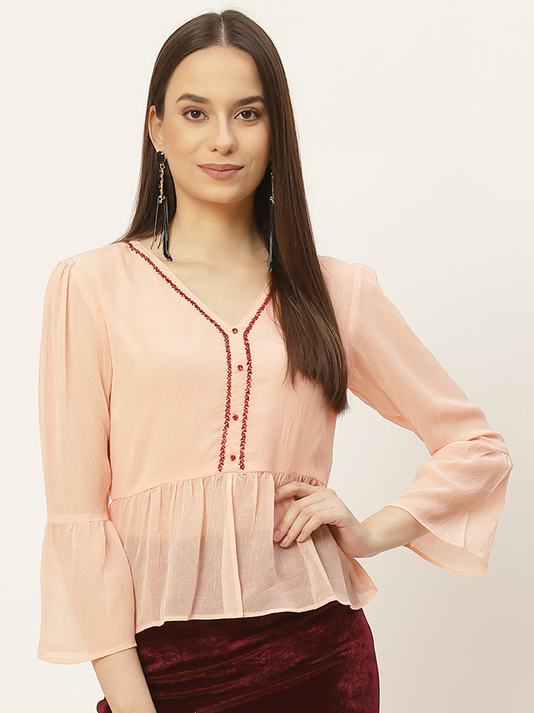 Casual Regular Sleeves Embellished Women Pink Top