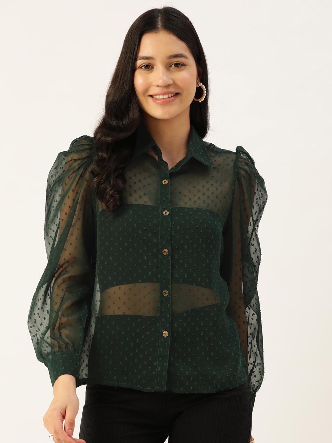 Dark Green Sheer Georgette Party Shirt