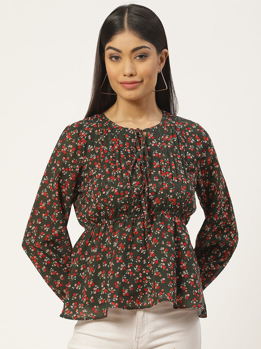 Multiclored Floral Print Tie-Up Neck Georgette Peplum Top