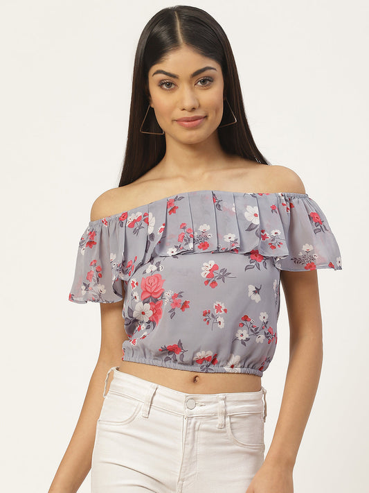 Grey Floral Print Off-Shoulder Ruffles Bardot Top