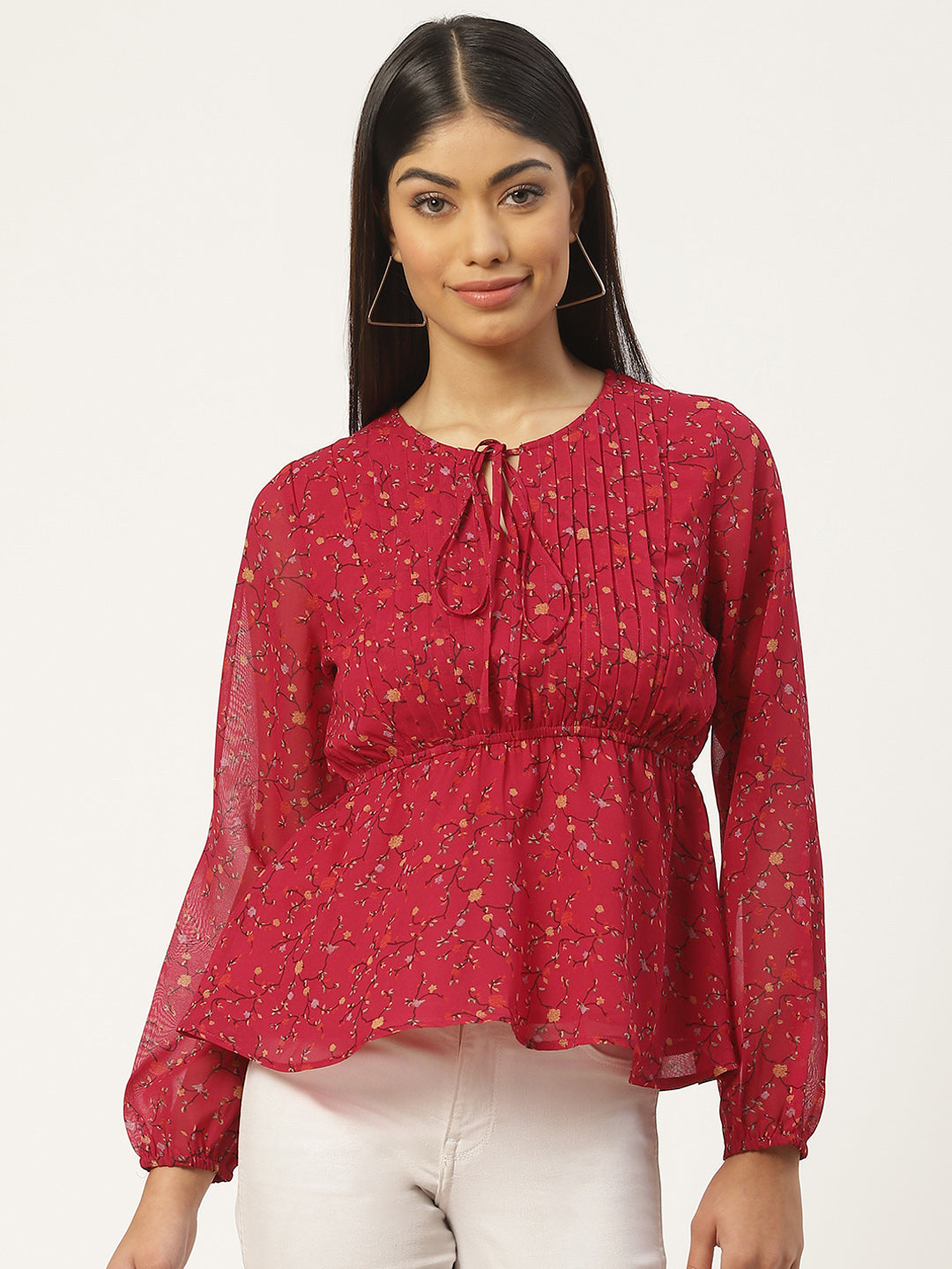 Red Floral Print Tie-Up Neck Georgette Peplum Top