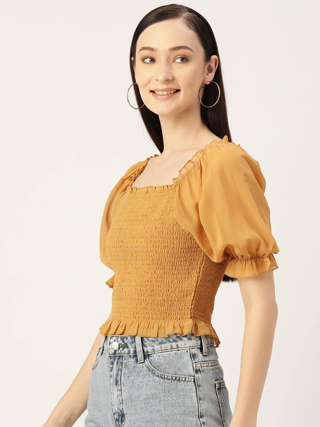 Mustard Smocked Georgette Crop Top