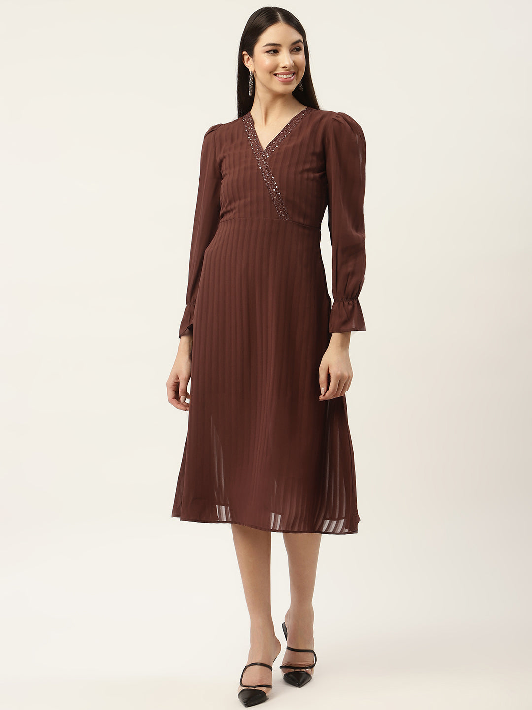 Brown Georgette Midi Dress