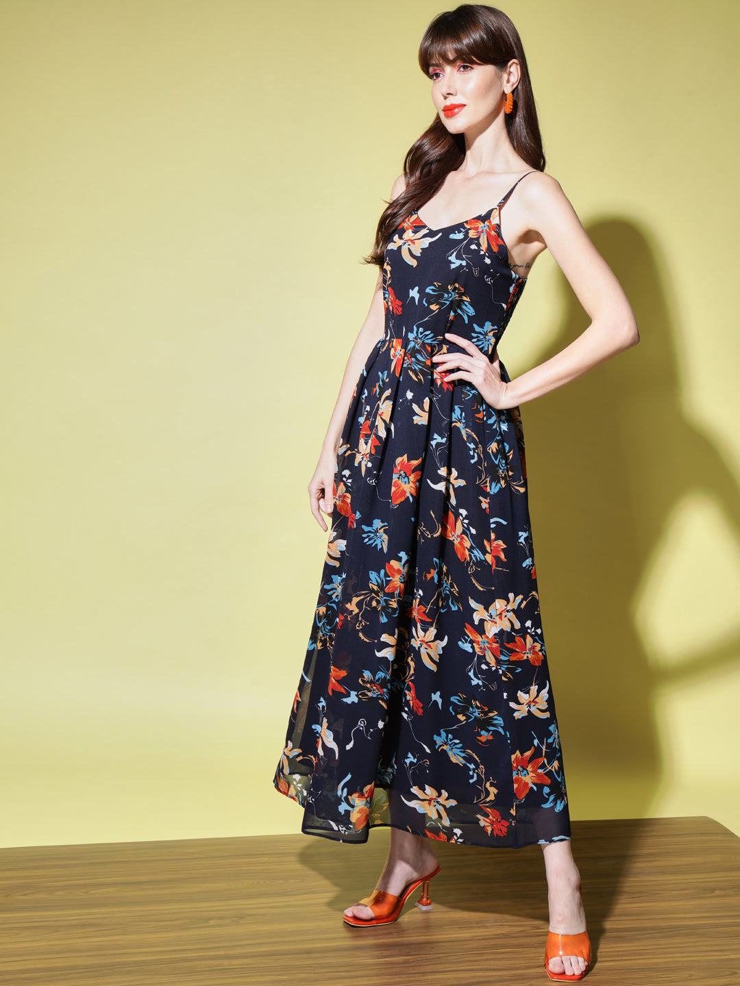 Navy Blue Floral Georgette Maxi Dress