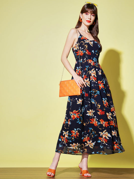 Navy Blue Floral Georgette Maxi Dress