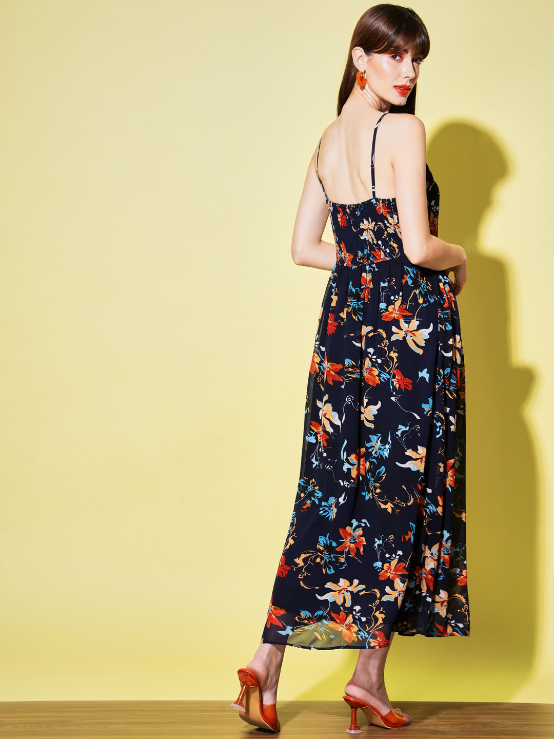 Navy Blue Floral Georgette Maxi Dress