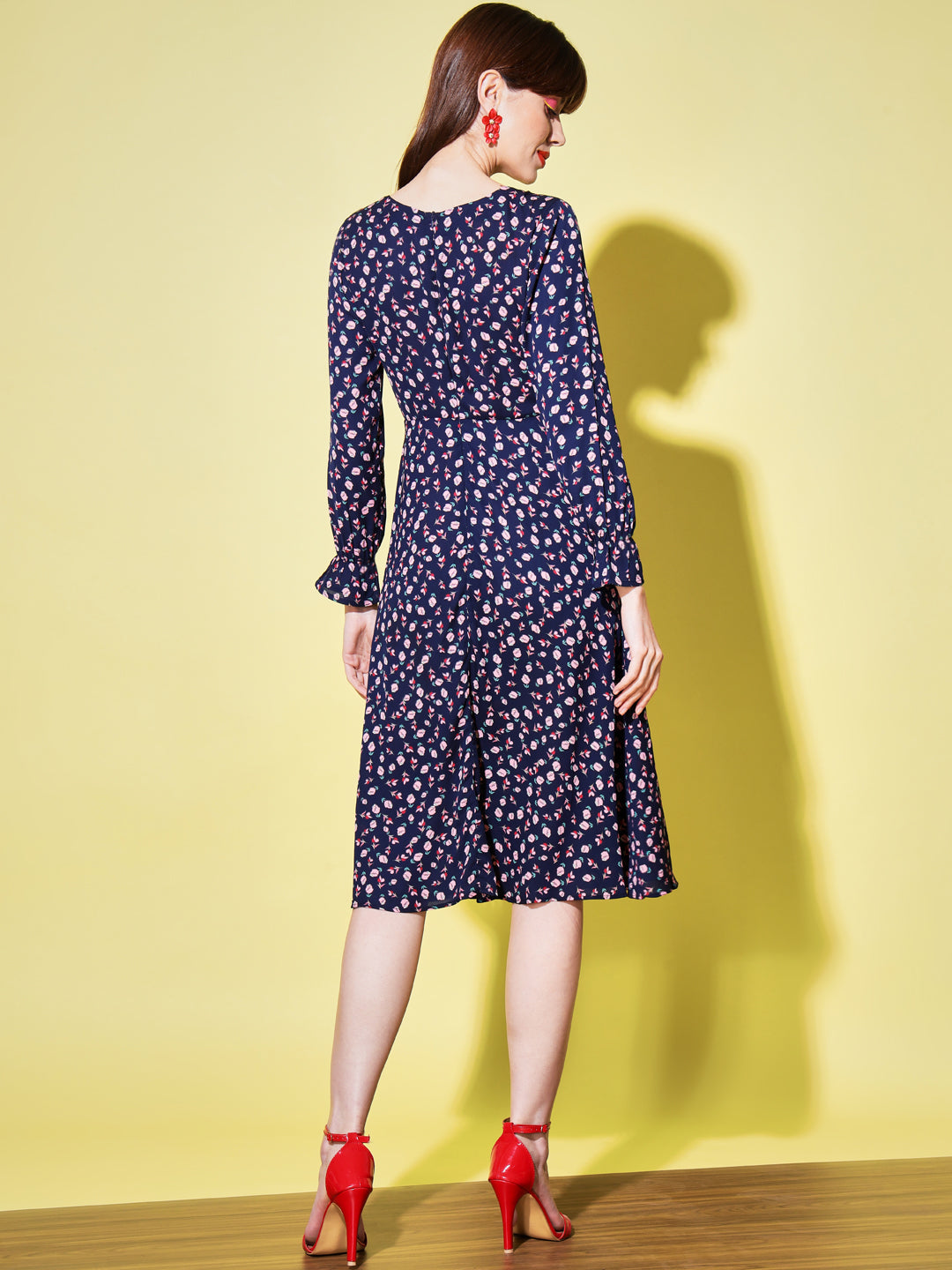 Women Navy Blue Floral Print Midi Dress