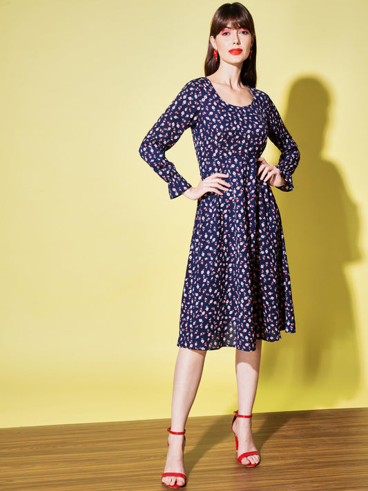 Women Navy Blue Floral Print Midi Dress