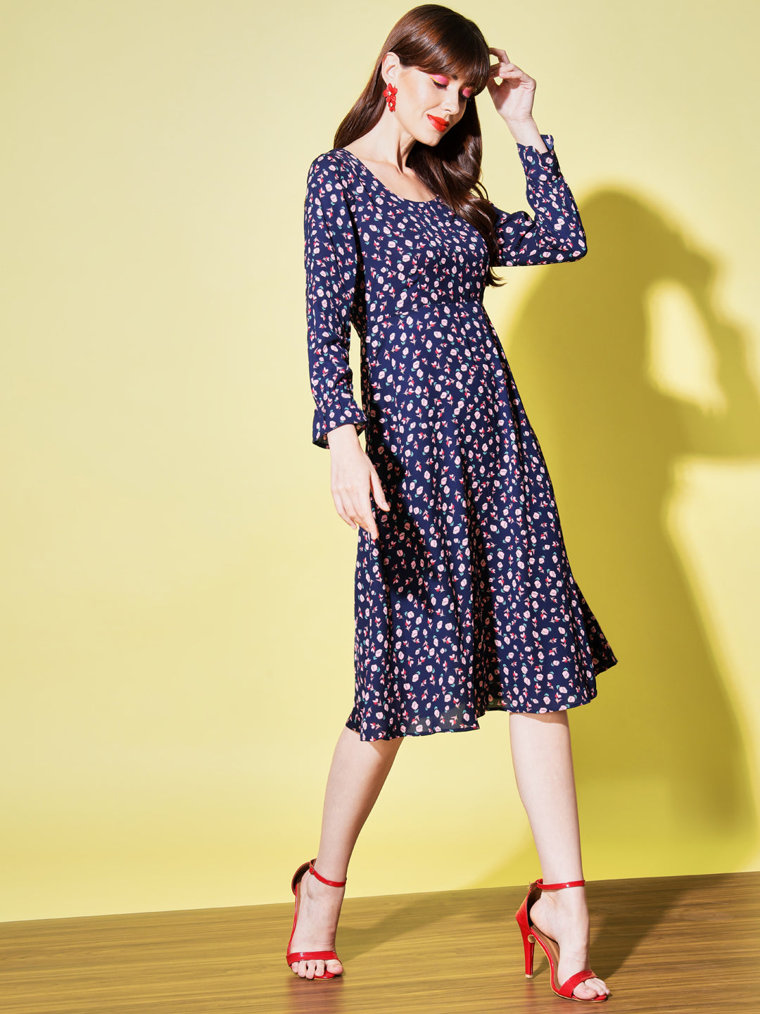 Women Navy Blue Floral Print Midi Dress