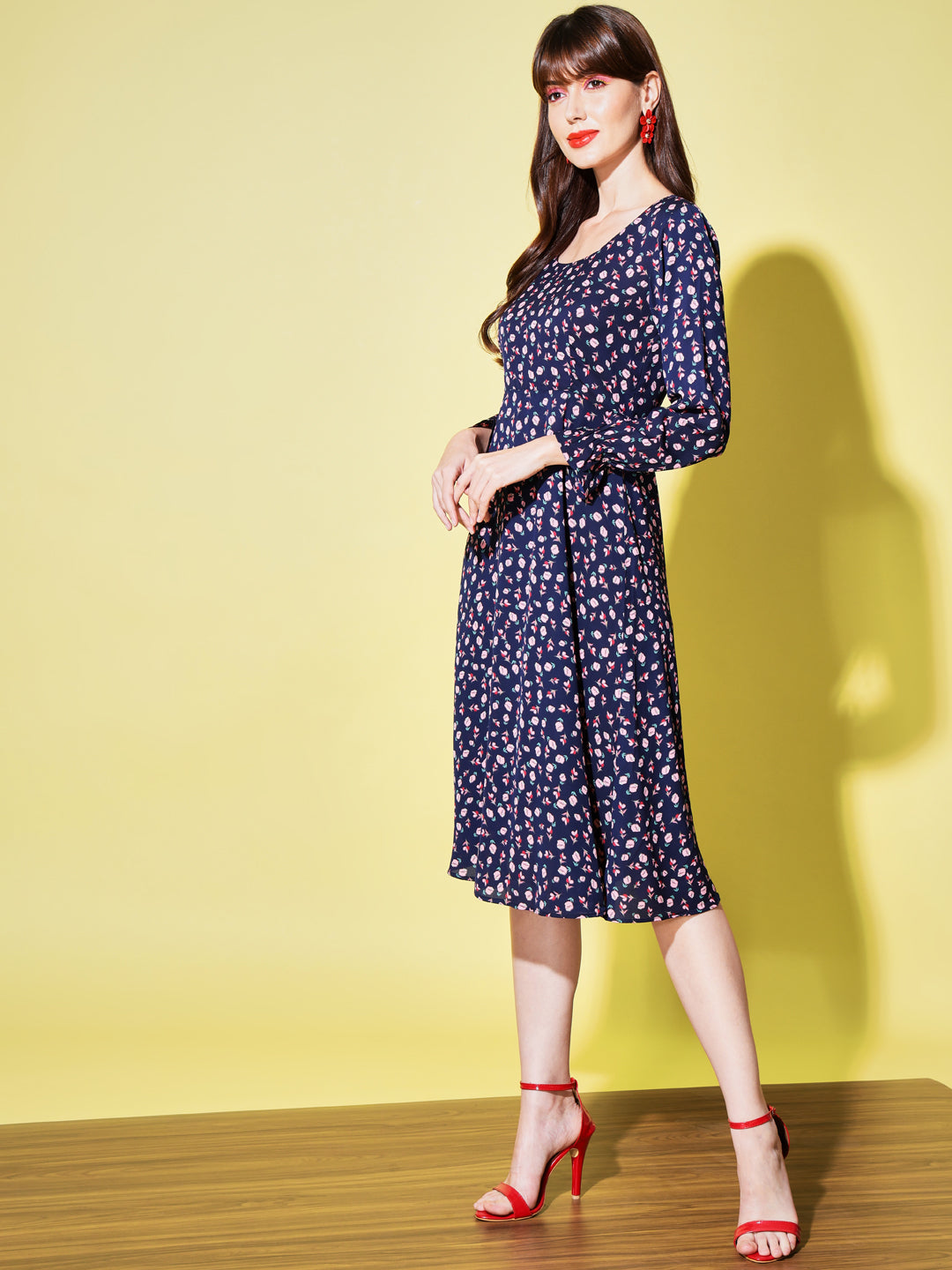 Women Navy Blue Floral Print Midi Dress