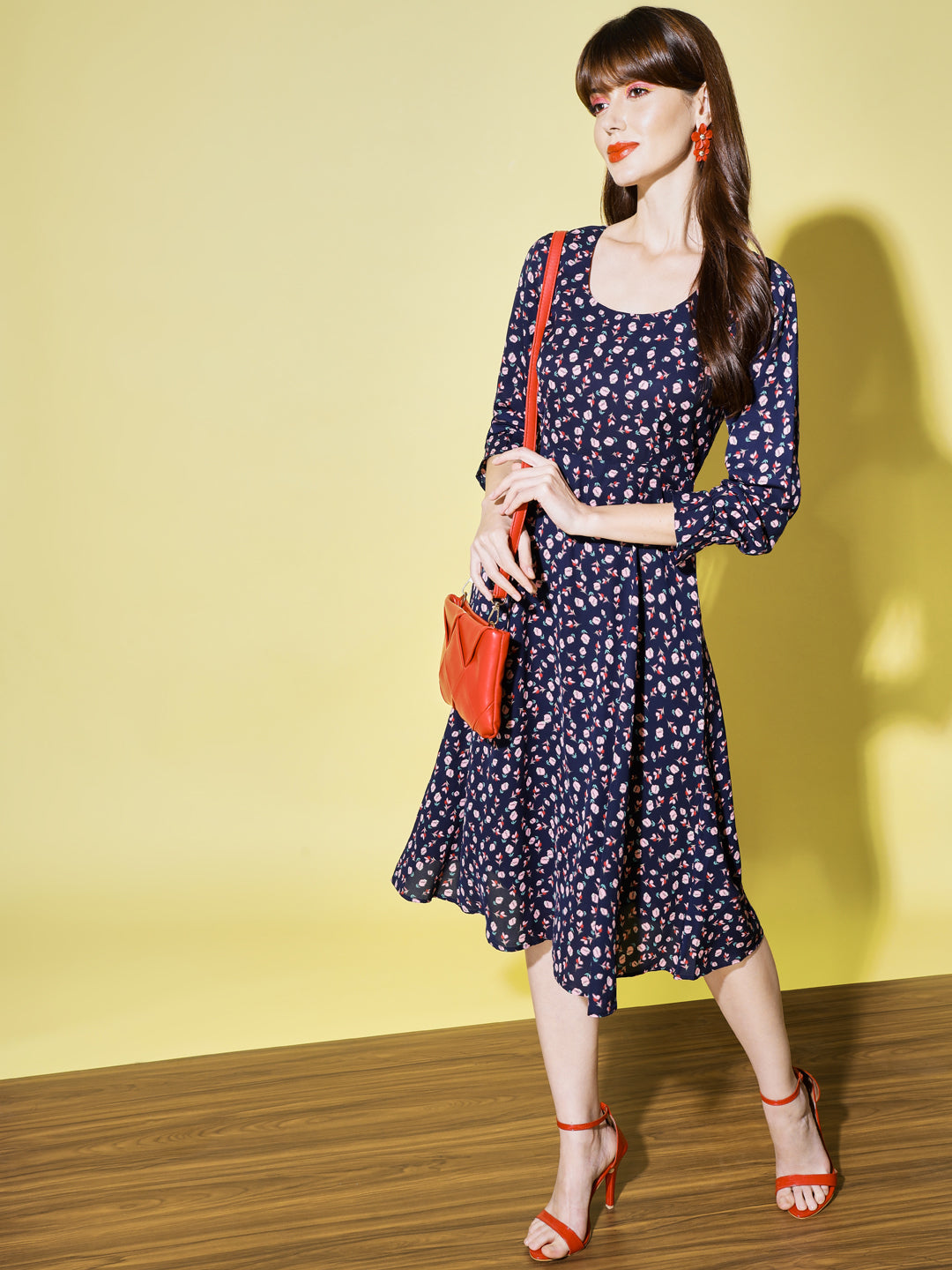 Women Navy Blue Floral Print Midi Dress