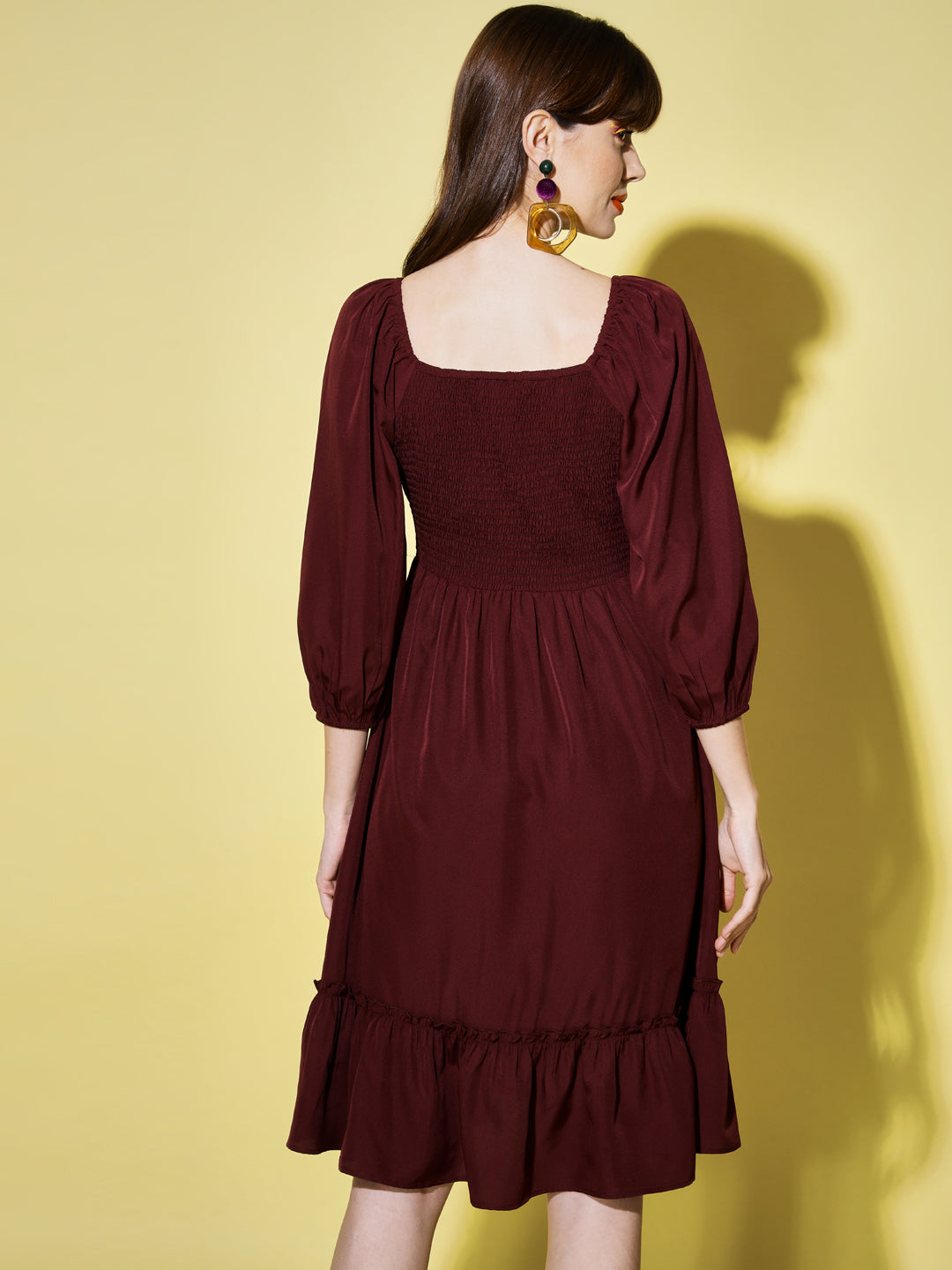 Tie-Up Neck Puff Sleeves Smocked Georgette Midi Dress