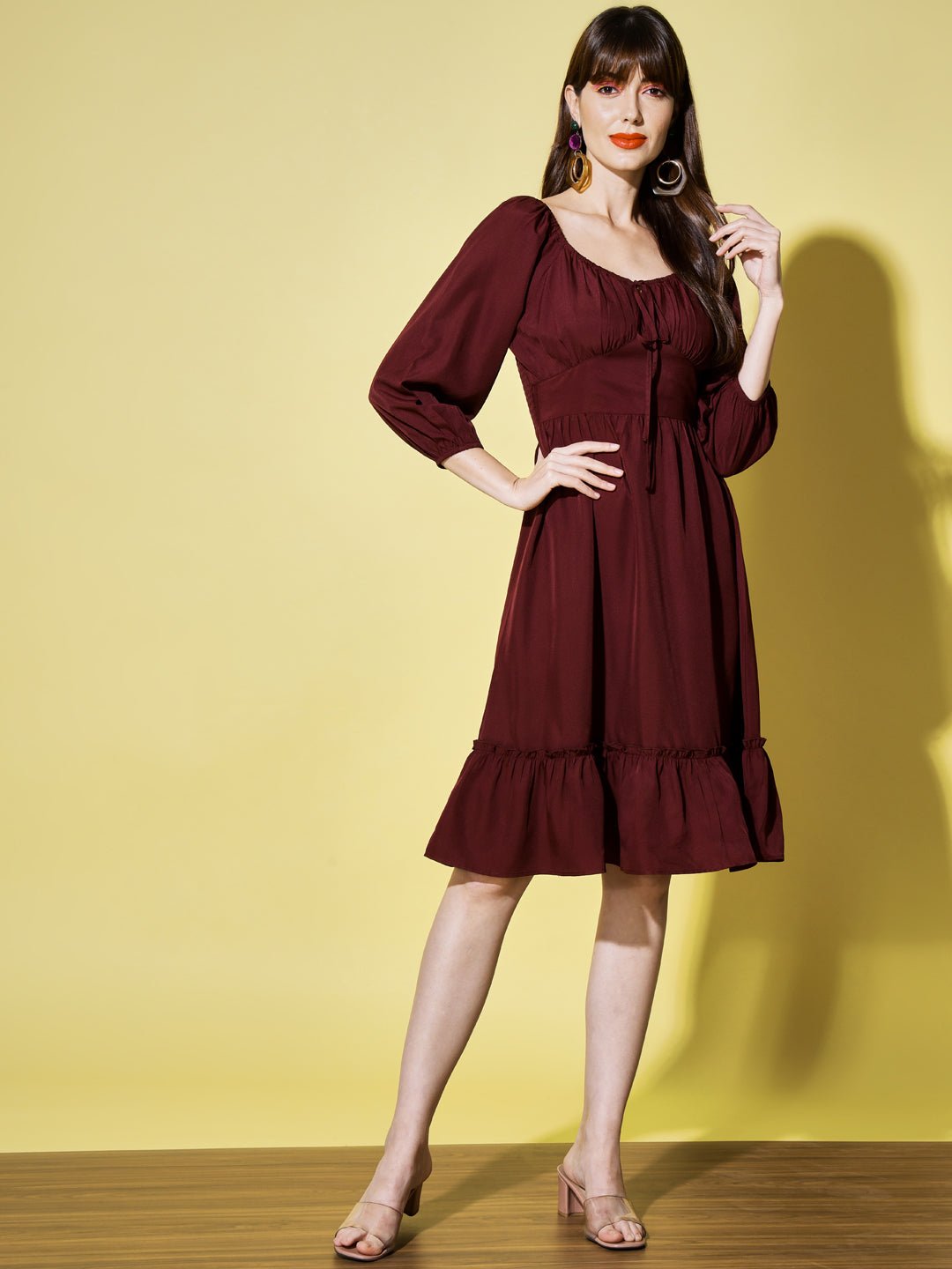 Tie-Up Neck Puff Sleeves Smocked Georgette Midi Dress