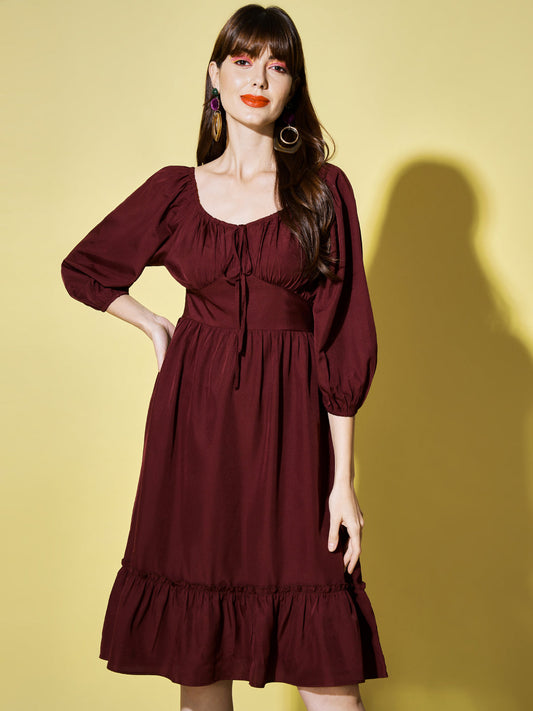 Tie-Up Neck Puff Sleeves Smocked Georgette Midi Dress