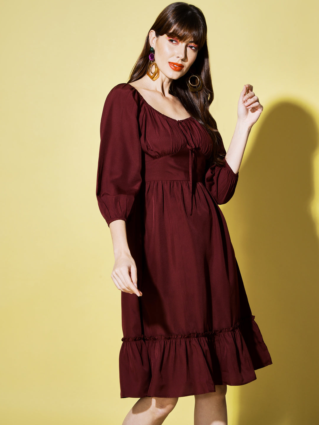 Tie-Up Neck Puff Sleeves Smocked Georgette Midi Dress