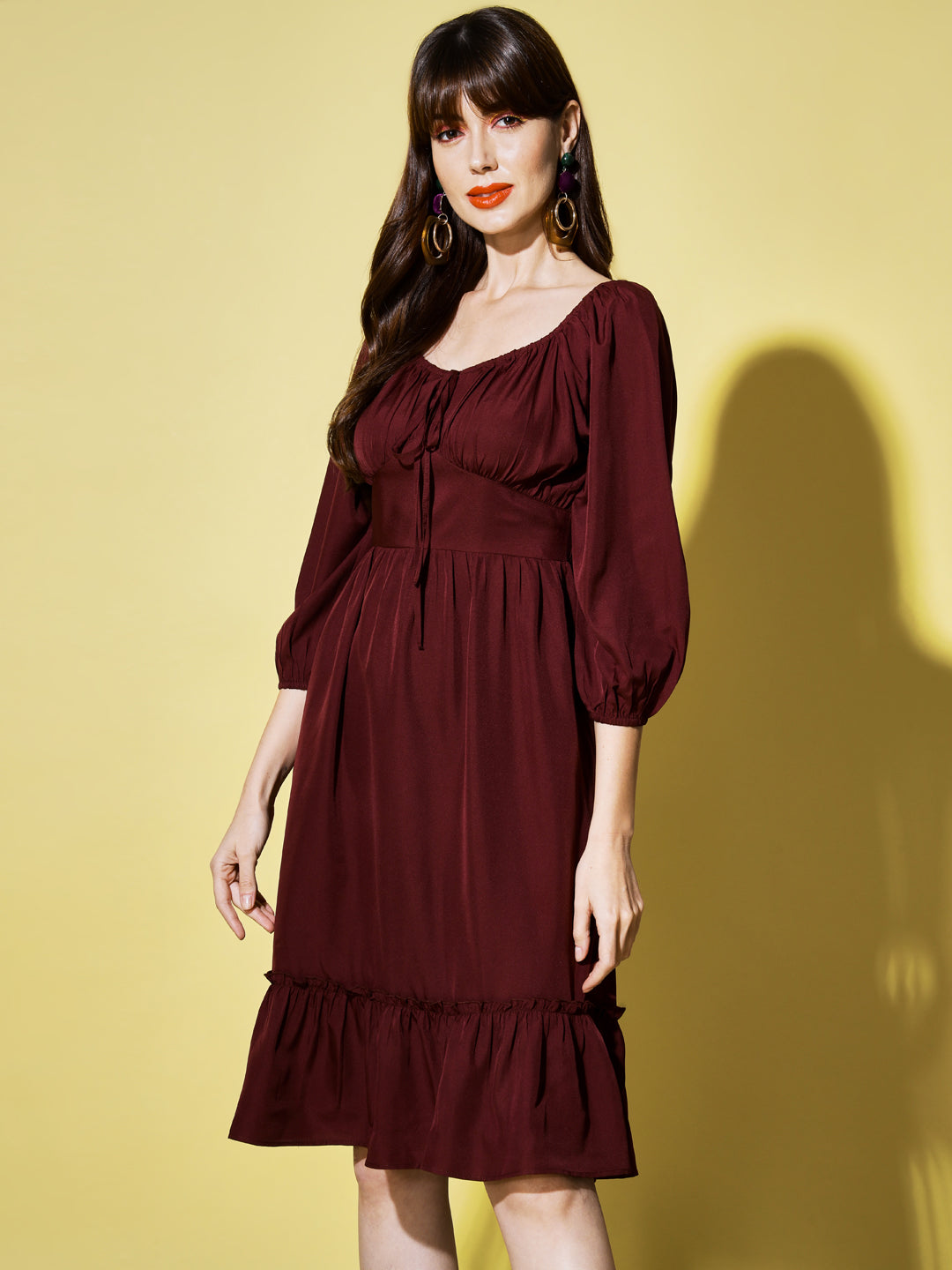 Tie-Up Neck Puff Sleeves Smocked Georgette Midi Dress